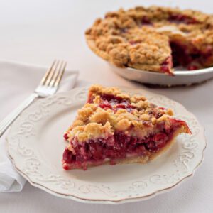 a piece of rhubarb pie on a plate