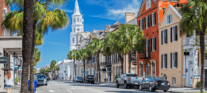 downtown Charleston. Street with houses and cars