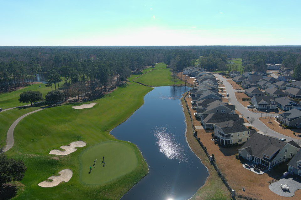 aerial view of Barefoot Resort Golf Club in Myrtle Beach and one of its lakes